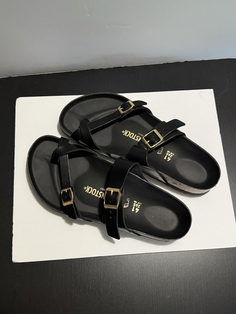 Birkenstock Mayari Black Leather Gold Buckle Sandals EU 41 W10 M8 NEW